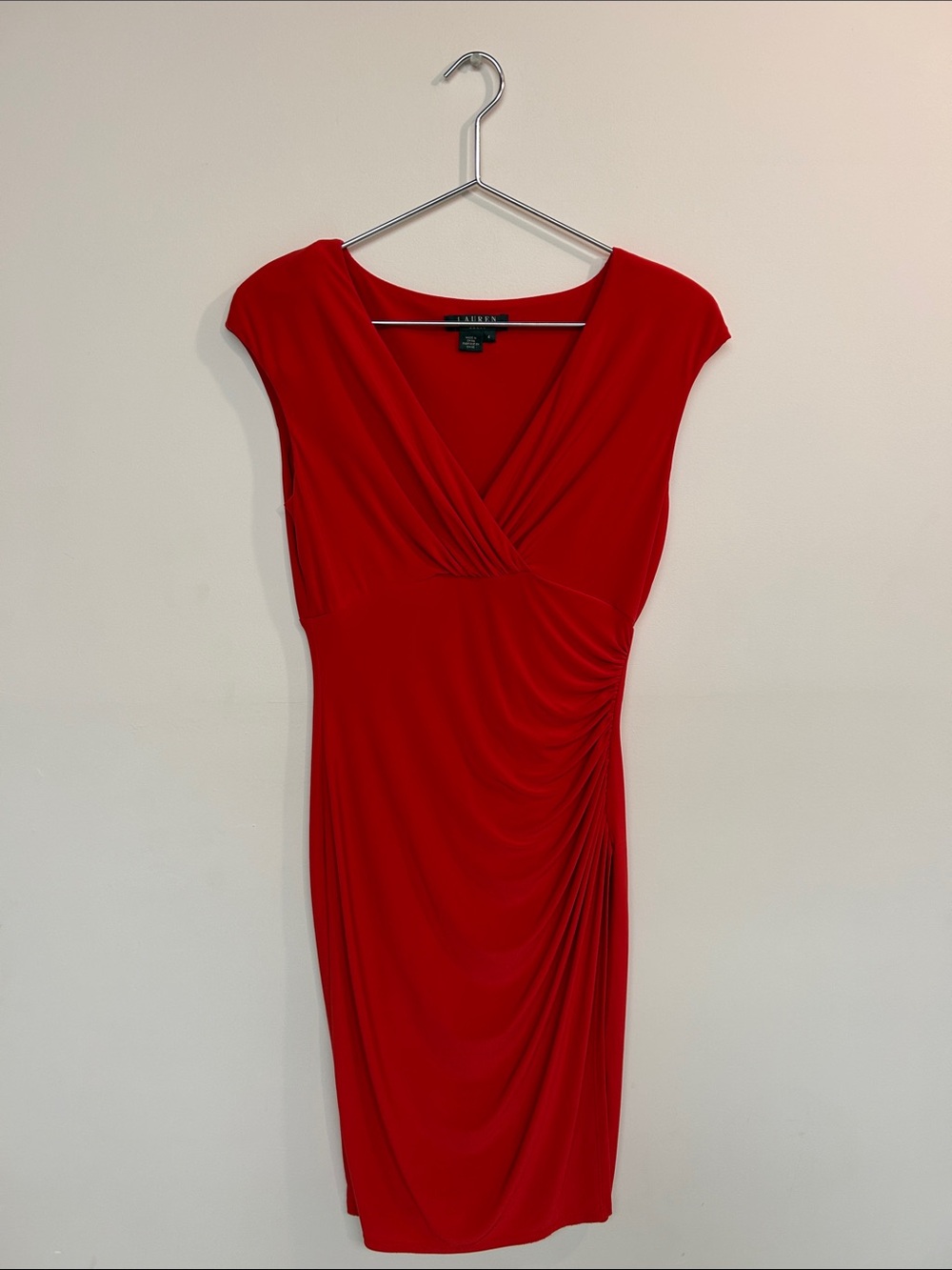 Lauren Ralph Lauren Red Cap-Sleeve Ruched V-Neck Midi Dress